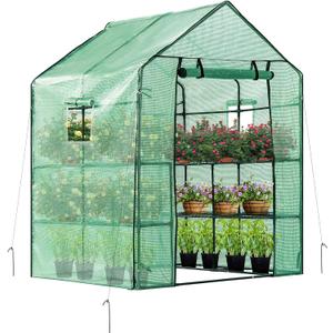 VIVOSUN 57x57x77 Inch Mini Walk in Green House with Window and Anchor, Plant Garden Hot House 2 Tiers 8 Shelves, 4.7 x 4.7 x 6.4 FT