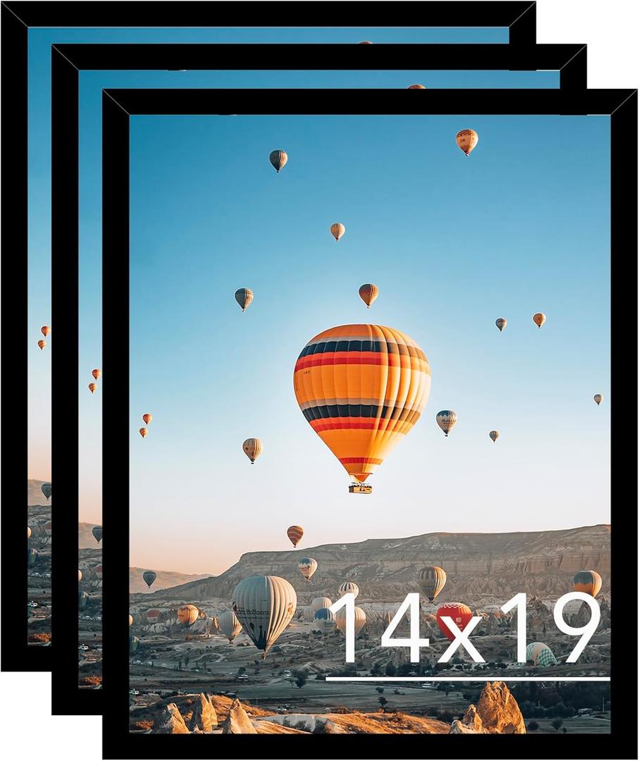14x19 Black Picture Frame Set of 3, Horizontal and Vertical Formats for Wall Hanging, 14 x 19 Wall Gallery Poster Photo Frames with Durable Shatter Resistant Plexiglass, 3 Pack, Black