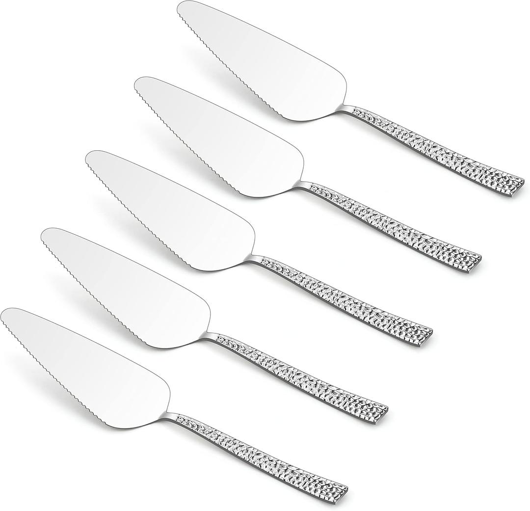 5-Piece Pie Server, E-far Hammered Stainless Steel Cake Server Spatula for Cutting Pastry Cheese Pizza, Serrated Edge with Square Handle, Mirror Polished & Dishwasher Safe-8.9 Inch