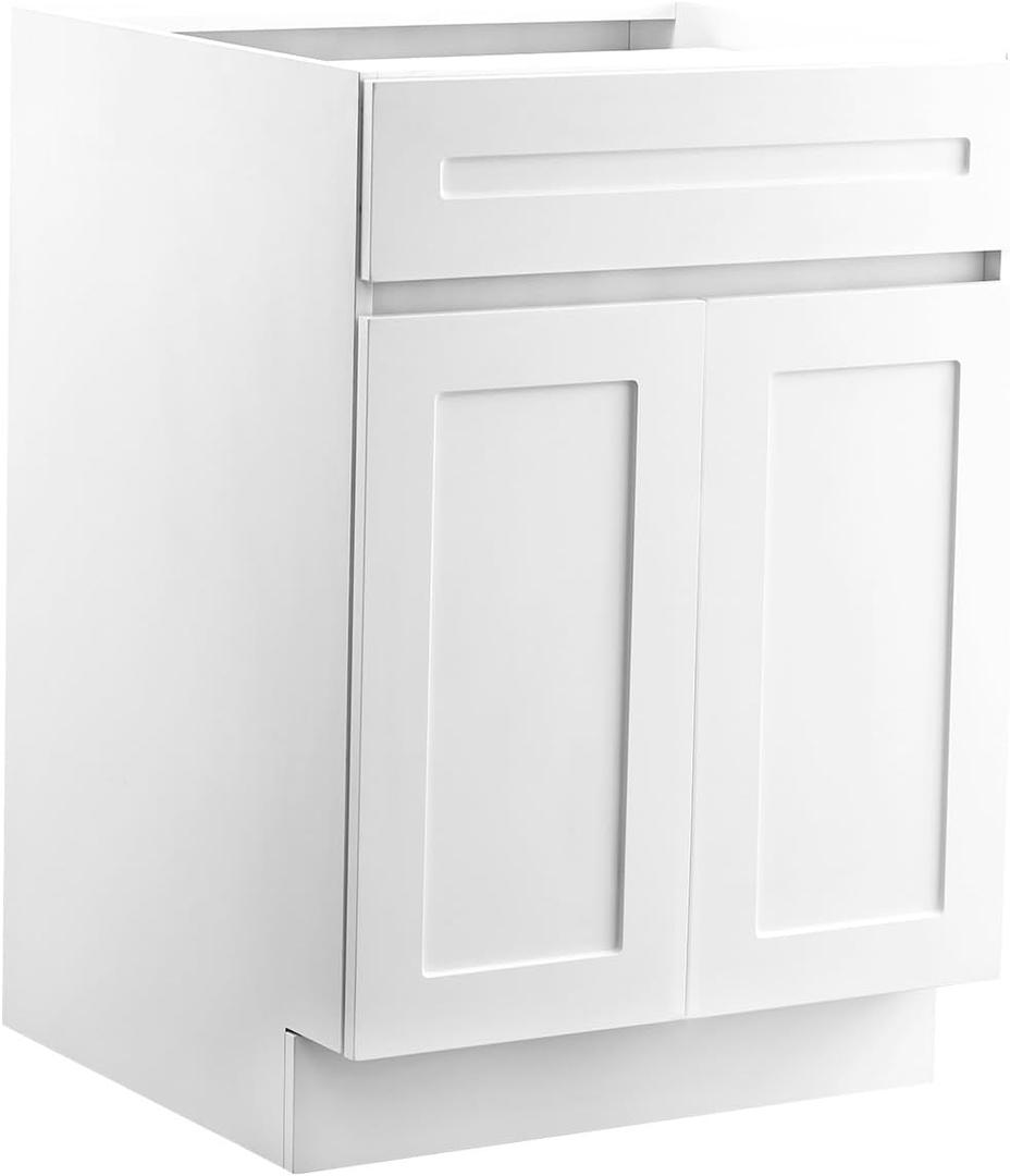 VEVOR White Shaker Base Cabinet with Drawer, 24-Inch Unassembled Drawer Base Cabinet, 24" W x 24" D x 34.5" H Ready to Assemble Cabinet with Soft-Close Doors and Adjustable Shelf, for Home Office