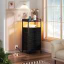 Furnulem Night Stand with Charging Station, Tall Black Dresser for Bedroom, Nightstand with Led Light, Bed Side Table for Living Room, Fabric Storage Drawer, Metal Frame, Wood Furniture