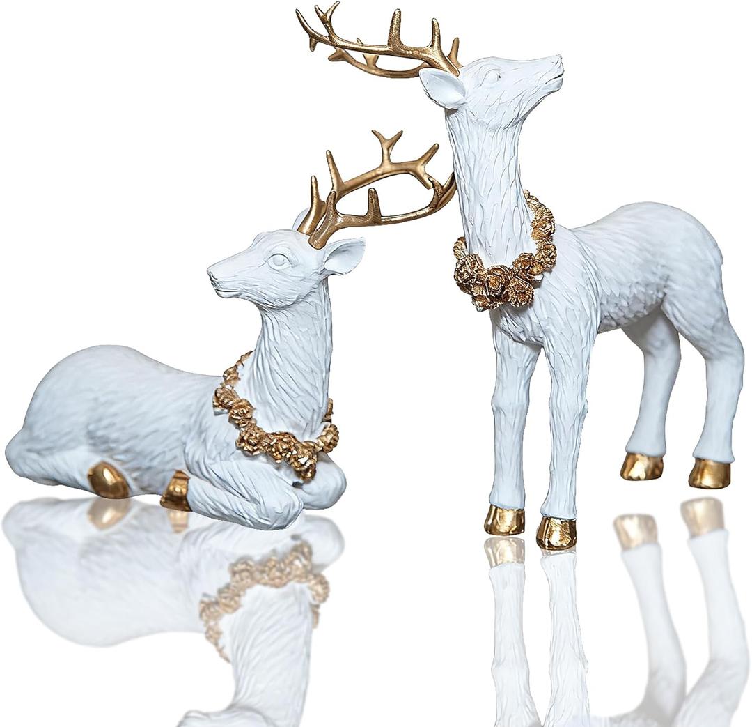 2pcs Pine Nut Reindeer Christmas Decorations, Deer Figurines Home Decor, Elk Figurine, Holiday Home Dcor Accents for Xmas Office Living Room & Bedroom Decorations (Pine Nut Medium, White)