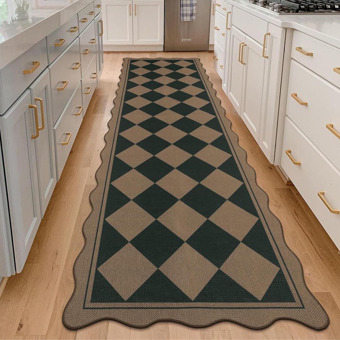 SHACOS Easy Jute 3x10 ft Washable Runner Rug Scalloped Black Checker Plaid Non Slip Woven Texture Geometric Throw Rug for Entryway Hallway Kitchen Indoor Outdoor Patio Carpet Black Checkered, 3'x10'