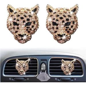 2PCs Golden Bling Leopard Air Freshener Vent Clip Rhinestone Car Decoration Interiors Accessory