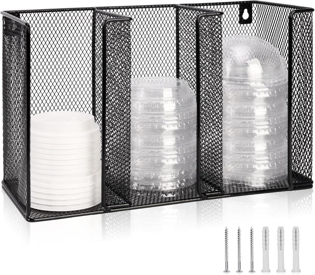 Wall Mount Coffee Cup Lid Holder Organizer 3 Compartments Coffee Cup Lid Dispenser Black Metal Mesh Disposable Cup and Lid Storage for 8-24 Oz Capacity Cup Lid Kitchen Restaurant Coffee Bar Office