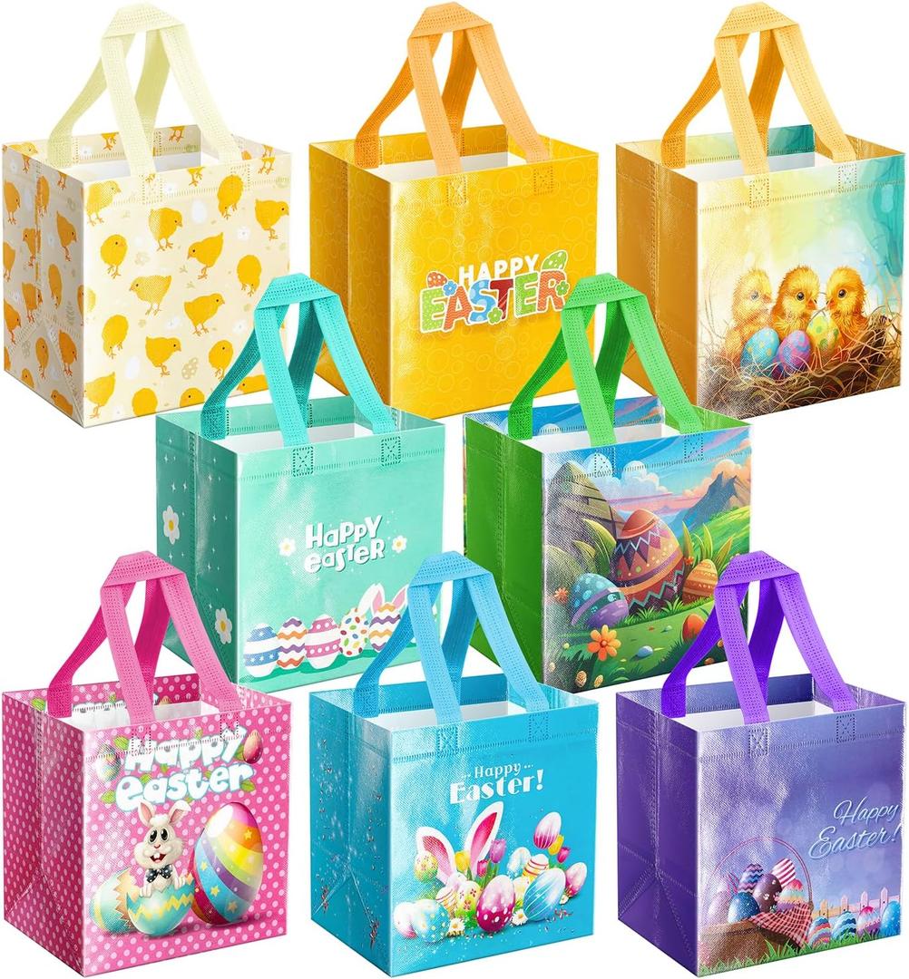ysmile Non-Woven Easter Gift Bag for Kids Reusable with Handle, Carrot Bunny Chick Basket, Treat Bag Small Egg Hunt Bag 8 Pack