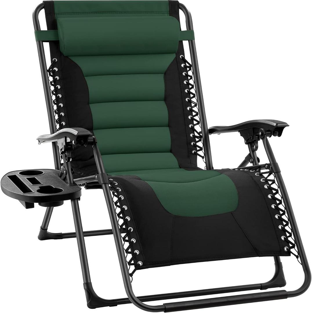 Best Choice Products Oversized Padded Zero Gravity Chair, Folding Outdoor Patio Recliner, XL Anti Gravity Lounger for Backyard w/Headrest, Cup Holder, Side Tray, Polyester Mesh - Black/Forest Green