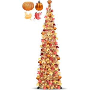 5 FT Fall Tree Fall Decor, Pop Up Tinsel Maples Tree with Timer 50 Warm White Lights Orange Pumpkins Battery Operated Lighted Halloween Tree Fall Decorations for Home Harvest Thanksgiving Party Indoor