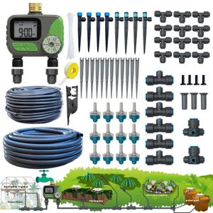 Drip Irrigation System with Water Timer(Dual System) Plug-in Quick Connection Drip Irrigation Kit 5/16“ID and 1/4 Inch Pipe Auto Watering System for Garden Spray, Greenhouse, Lawn, Potted Plants, TIMER1