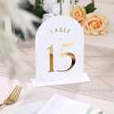 UNIQOOO White Arch Wedding Table Numbers with Stands 1-15, Gold Foil Printed 5x7 Double sided Acrylic Signs and Holders, Perfect for Centerpiece, Reception, Decoration, Party, Anniversary, Event