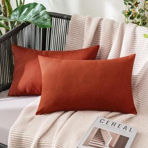 MIULEE Pack of 2 Decorative Outdoor Solid Waterproof Throw Pillow Covers Faux Linen Garden Farmhouse Cushion Cases for Patio Tent Balcony Couch Sofa 12x20 inch Burnt Orange
