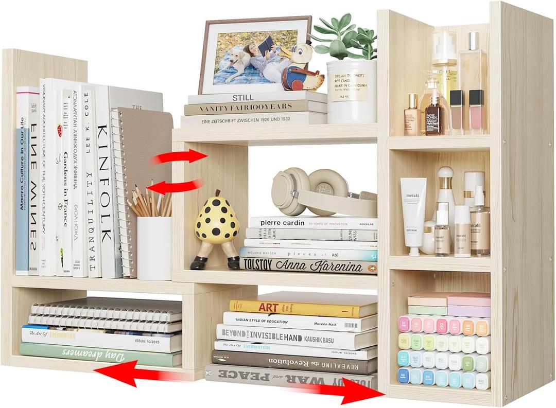 NUTIKAS Desk Shelves Desktop Organizer Shlef  Natural Wood Tone Office Organization for Top of Desk Organizers and Accessories Corner Bookshelf Table Top Shelving Small Hutch Decorations for Office