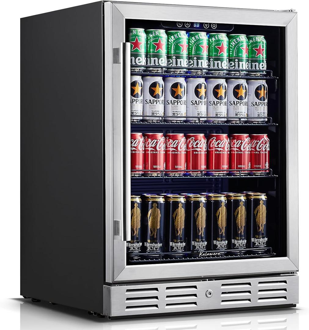 24 Inch Under Counter Beverage Fridge -Max 164Cans Capacity Drink cooler,Wide 24''Perfectly for Built in Space, Adjustable shelves for any size beverage/beer/soda Transparent door Refrigerator (Stainless steel)