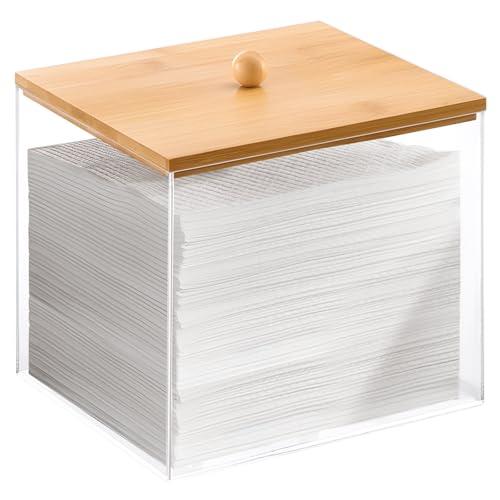 Puricon Acrylic Disposable Facial Towels Holder, Clear Storage Bin with Wood Lid Compatible with Clean Skin Club Towel (NOT Included), Face Towelettes Container for Bathroom Counter -Original