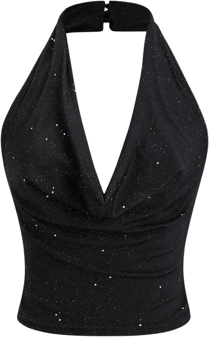 SOLY HUX Women's Halter Top Sparkly Sexy Backless Party Crop Tops Club Rave Festival Outfits Black S