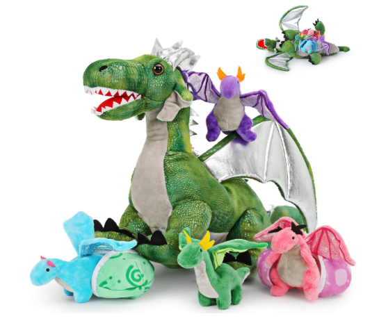 7Pcs Giant Green Dragon Plush Toy Set, 21.7" Big Mother Dragon Stuffed Animal with 4 Babies & 2 Eggs, Stuffed Dinosaurs for Kids Boys Girls, Cute Soft Plushies Gift for Birthday Christmas
