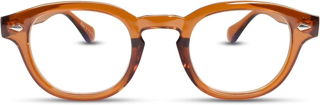 Brown Round Premium Clear Frame Reading Glasses  Solid & Sturdy Frame Blue Light Retro Readers for Men & Women with Spring Hinges & Scratch-Resistant Lenses, Strength 2.25