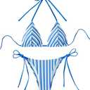 Women's 2 Piece Bikini Sets Halter Tie Side Triangle Swimsuit Striped Bathing Suit, (Blue, Medium)