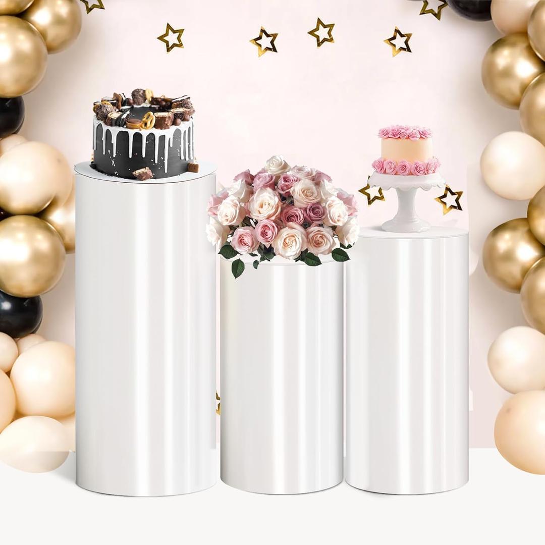 Cylinder Pedestal Stand PVC White Display Plinth Pedestal Stand Portable Sturdy Cylinder Stands cilindros para Fiestas redondos for Party Wedding Birthday Decor Cupcakes Floral Arrangement-3 PCS