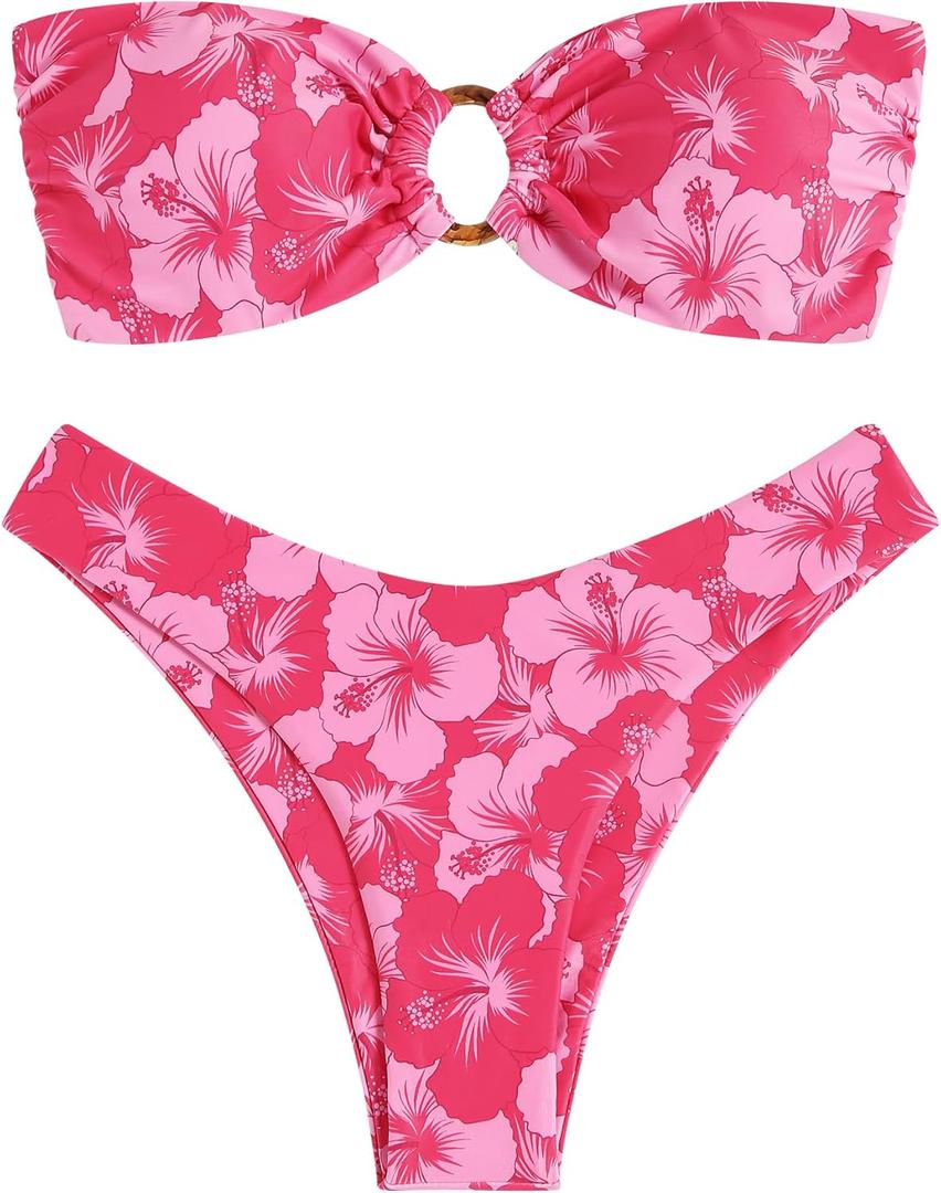 ZAFUL Women's Bandeau Bikini O Ring Strapless Tie Back High Cut Two Piece Swimsuit Bathing Suits (Medium, 5-rose Red Print)