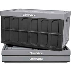 CleverMade Collapsible Storage Bins with Lids (62L, 3 Pack) Heavy Duty Foldable Plastic Storage Crates for Garage, Closet & Trunk Organization - Stone