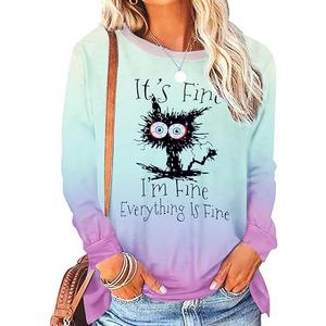 MNLYBABY It's Fine I'm Fine Everything Is Fine Sweatshirt Women Cute Black Cat Tee Tie Dye Cat lover Long Sleeve Top L