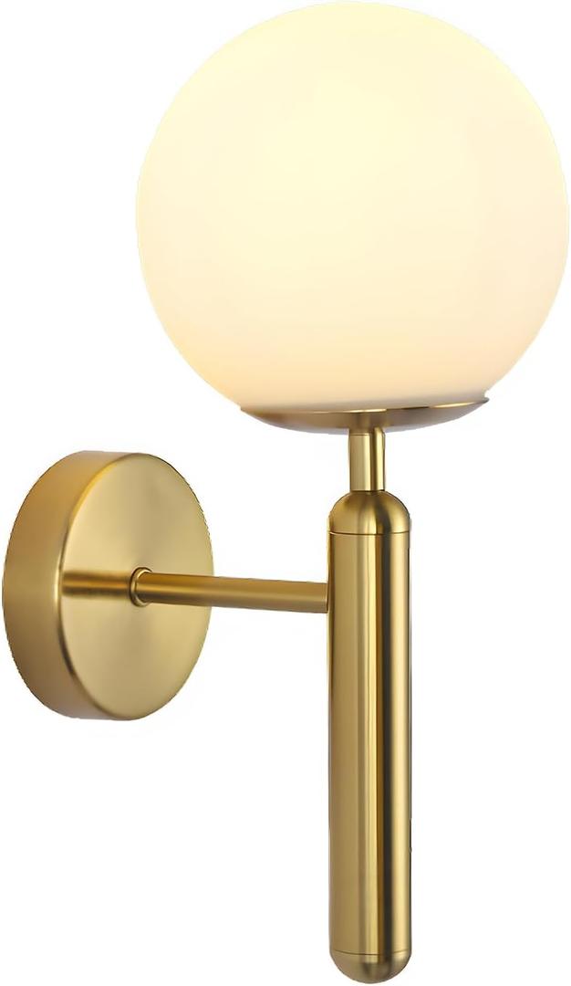 KCO Lighting Milk Glass Globe Wall Sconce Mid Century Brushed Brass Wall Sconces Modern Gold Wall Light Vintage Bathroom Vanity Light Fixtures for Bedroom Hallway