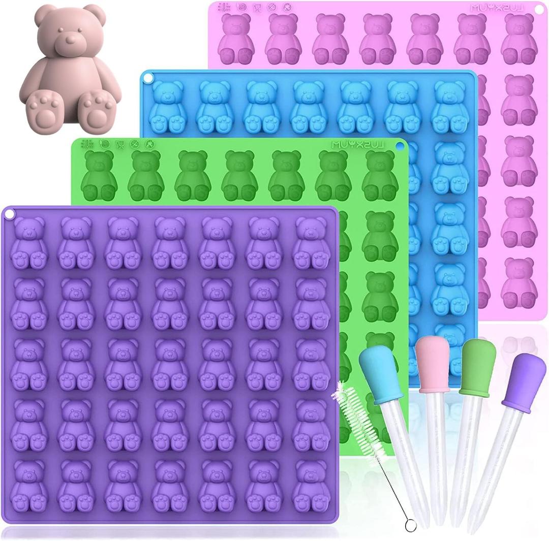 LUSHYUM Large Gummy Bear Molds 5 ML, BPA-FREE Silicone Chocolate Candy Gummy Molds with 4 Droppers and Cleaning Brush 140 Cavity, Set of 4