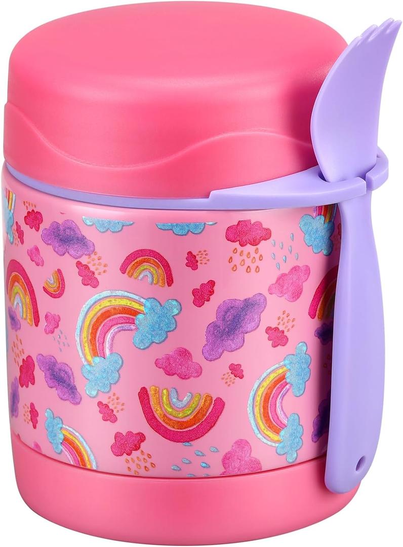 Pawtong 10oz Soup Thermo for Hot Food Kids Insulated Food Jar,Thermo Hot Food Lunch Container, Width Mouth Stainless Steel Lunch Box for Kids with Spoon (Pink-rainbow)