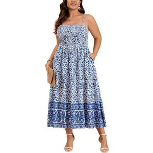 CICIDUDU Plus Size Spaghetti Strap Summer Boho Floral Dress Beach Sleeveless Sundress Smocked Maxi Dress with Pockets 2026, XXL