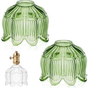 Teenyyou 2 Pcs Green Glass Lotus Lamp Shade Small Flower Sconce Shade E26 Base 1.38" Top x 4.92" Dia. x 4.13" H Mini Lampshade Replacement for Floor Table Chandelier Decor Vanity Pendant Light Cover