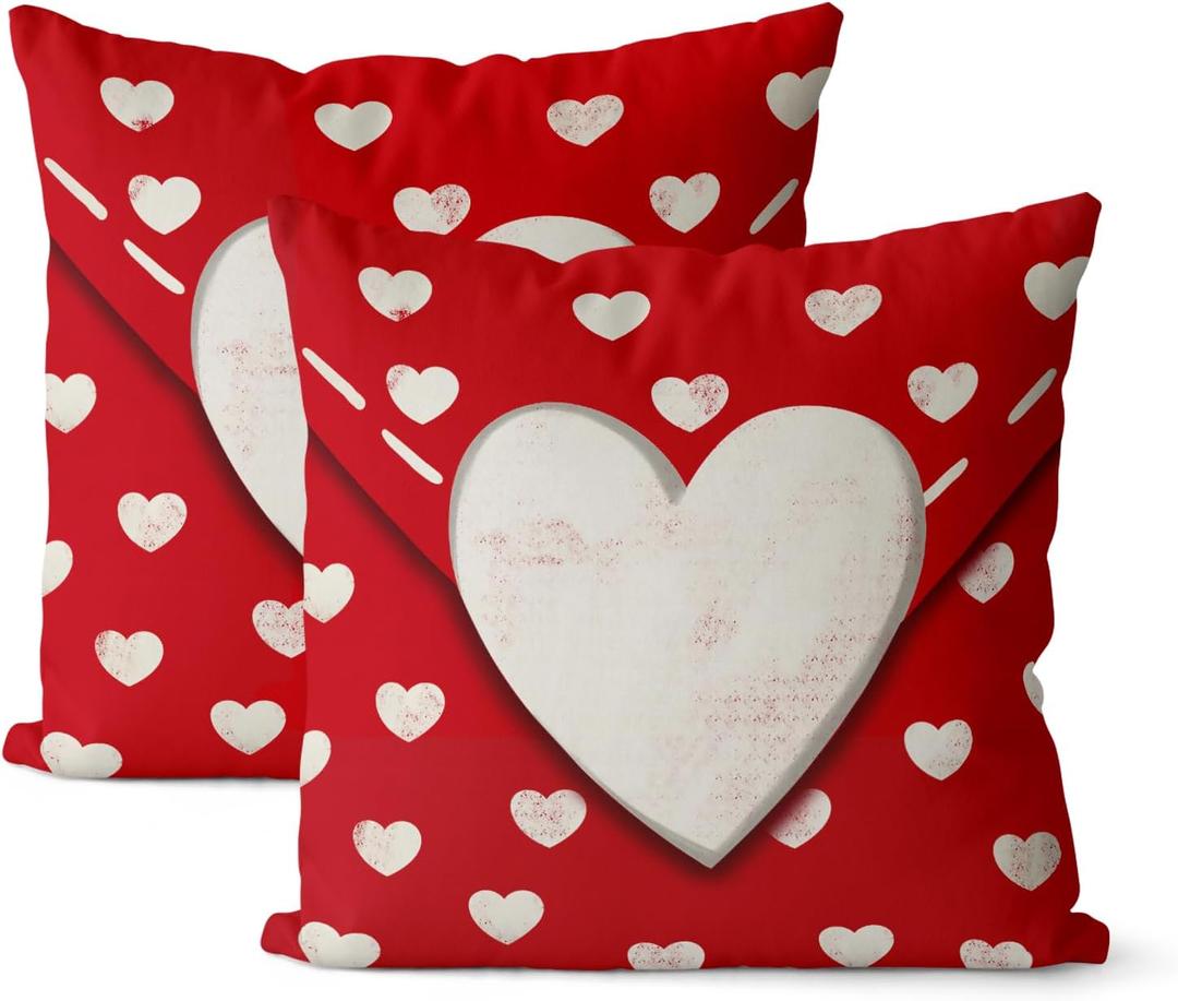 Valentines Day Pillow Covers 18x18 Set of 2, White Love Hearts Decor Red Throw Pillows Valentine's Day Anniversary Square Pillowcase Farmhouse Holiday Decorative Outdoor Cushion Case for Couch (18" x 18" (Pack of 2), Red)