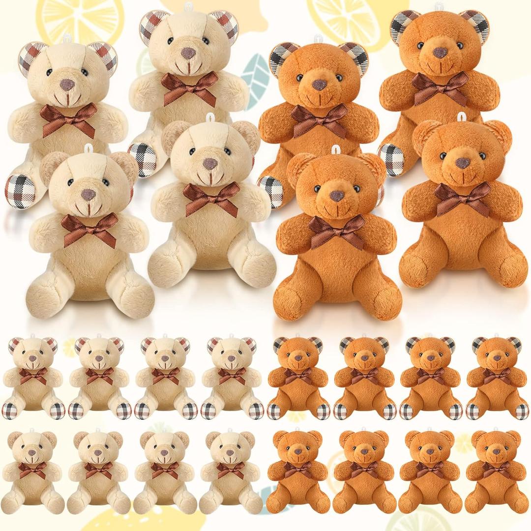HyDren 24 Pcs Mini Bear Stuffed Animal 4 Inch Small Soft Tiny Bear Bulk Animal Doll Keychain for Birthday Baby Shower Party Decor (Light Brown, Dark Brown)