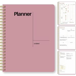 Undated Weekly Planner, 8.5" x 11", Dashboard Layout with Yearly Review, Monthly Calendars, & Weekly To Do List, Spiral Bound Organizer for Work, Study & Life (Pink)