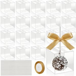 Tuanse 150 Packs Clear Cake Pop Holder with Hole for Sticks 2 x 2 x 2 Inches Plastic Candy Cupcake Boxes with 200 Pcs Lollipop Sticks and Gold Ribbon Individual Boxes for wedding Party Supplies
