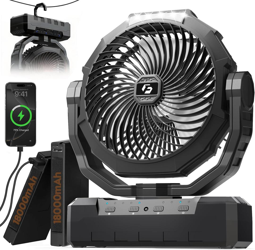 3-in-1 Camping Fan - 36000mAh Detachable Portable Fan Rechargeable with Light & Hook, Battery Powered Fans for Outdoor, Indoor, Tent, Fishing, Travel, Hurricane, Summer Gifts for Men - Black