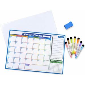 Magnetic Dry Erase Calendar Whiteboard Set  Monthly Weekly Planner, Habit Tracker, Grid & Blank Boards with 7 Markers & Eraser, Fridge Magnet Organizer for Home & Office Gift