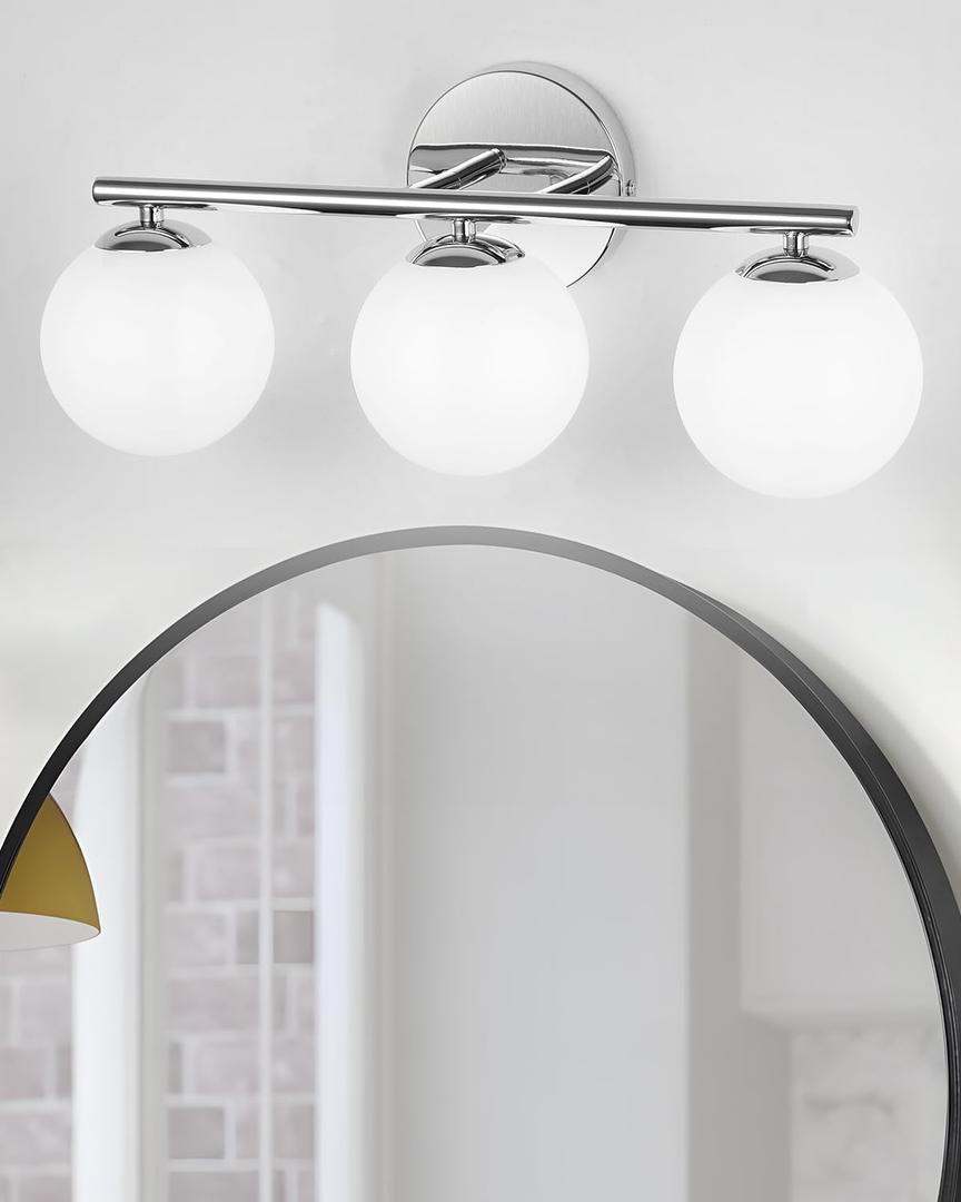 Globe Bathroom Light Fixtures Chrome Vanity Light with Plastic Milk White Globe Shades 11.81 inch Wall Sconce Lighting Over Mirror, 3-Light Vanity Lights for Bathroom Hallway Living Room