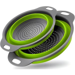 2 Pack Collapsible Silicone Colander with Handle, Over Sink Foldable Food Strainer, BPA-Free Space Saving Drain Basket for Vegetables, Fruits, Pasta, Kitchen & Camping (Green)