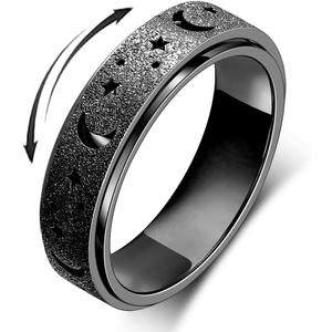 Anxiety Ring for Women Spinner Ring Fidget Toys Adults Fidget Ring Spinner Rings Stainless Steel Fidget Rings Fidgit Ring Men Moon Star Black Size 6