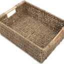 Large Natural Wicker Basket Rectangular with Wooden Handles, Seagrass Storage for Organizing, Shelves 15.5 x 10.6 x 5.5 inches