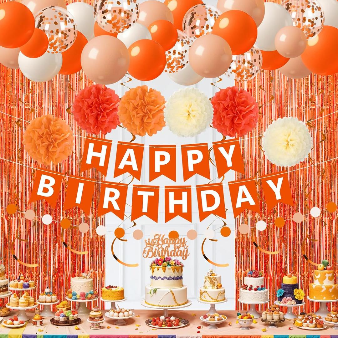 Orange Birthday Decorations Orange White Happy Birthday Banner Balloons Hanging Swirls Fringe Curtain Backdrop for Fall Autumn Harvest Thanksgiving Halloween Party Supplies