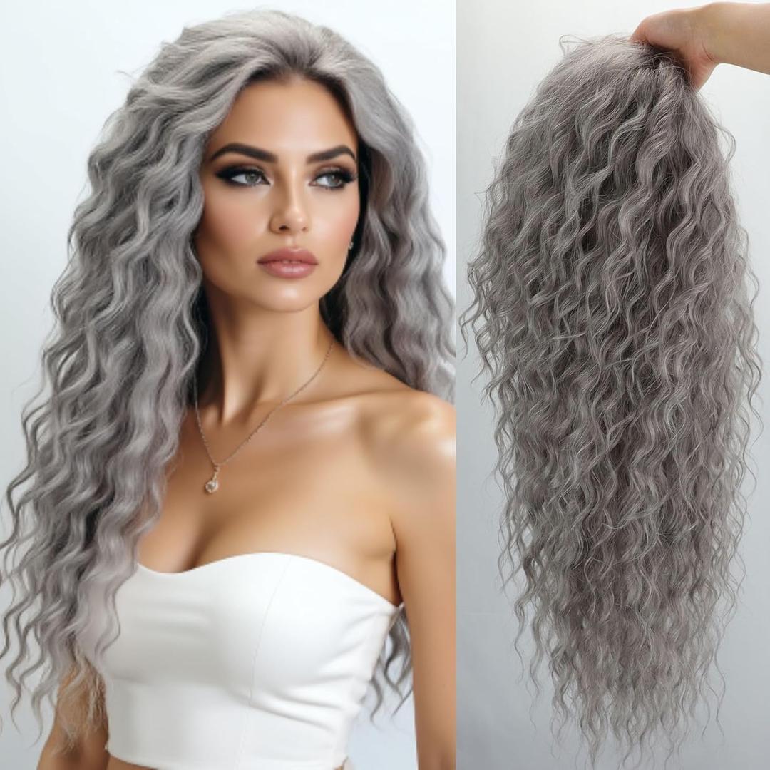 Fencca Long Curly Synthetic Wigs, Dark Grey Silver wigs for white women 26 Inch Heat Resistant Fiber Natural Wavy Style for Women, Daily Party Use