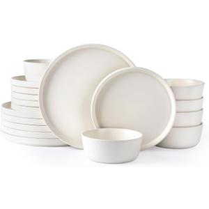 AmorArc Ceramic Dinnerware Sets of 6, Modern Flat Stoneware Plates and Bowls Sets,Chip and Crack Resistant | Dishwasher & Microwave Safe Dishes Set,Scratch Resistant- Service for 6 (18pc)-Matte Cream (Service for 6, Cream)