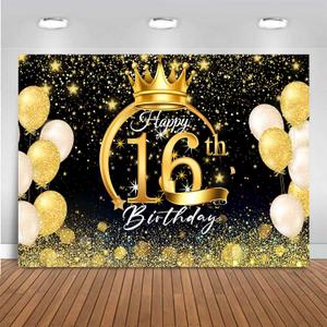 9x6ft Happy 16th Birthday Party Decoration Black Gold Sign Sixteen Birthday Poster for Anniversary Photo Booth Backdrop Background Banner BJDWAT0415