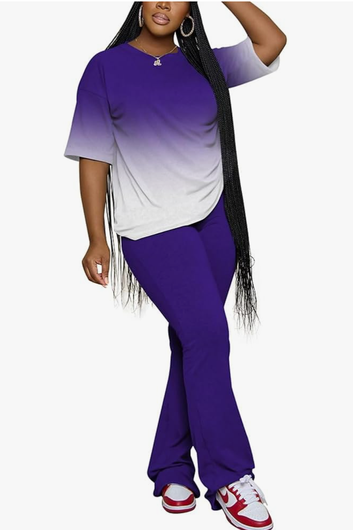 PINSV Women 2 Piece Outfits Short Sleeve Top and Flare Pants Lounge Sets Tracksuit Size 3XL