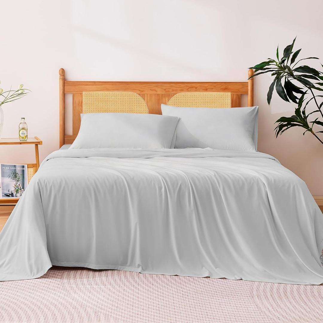 Amazon Basics Cooling Sheets, 4 Piece 100% Recycled Polyester Bed Sheet Set for Hot Sleepers, Breathable, 15-Inch Deep Pocket, Queen, Gray