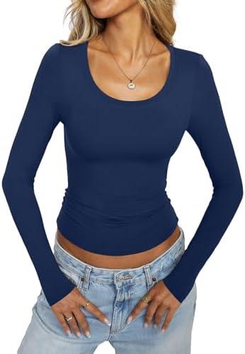 EasyGala Womens Double Lined Scoop Neck Long Sleeve Shirts Fitted Basic Tee Y2k Going Out Tops Fall Clothes 2025 XS, Navy Blue