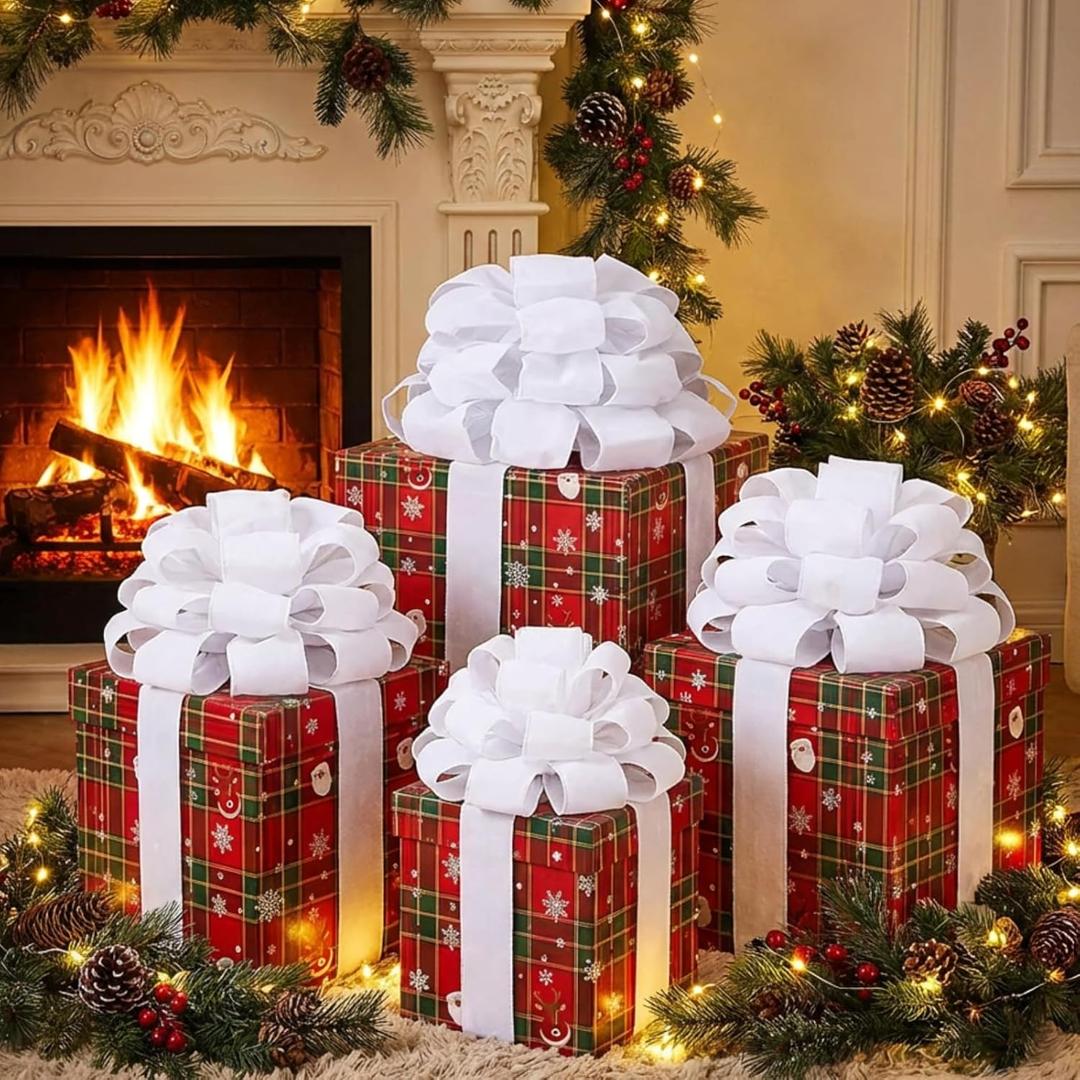 3 Pcs 12 Inch Giant Christmas Gift Wrap Holiday Car Bows Velvet Extra Large Pre Tied Jumbo Present Bows with Twist Ties for Xmas New Year Party Favor Decorations, Wedding, Birthday(White)