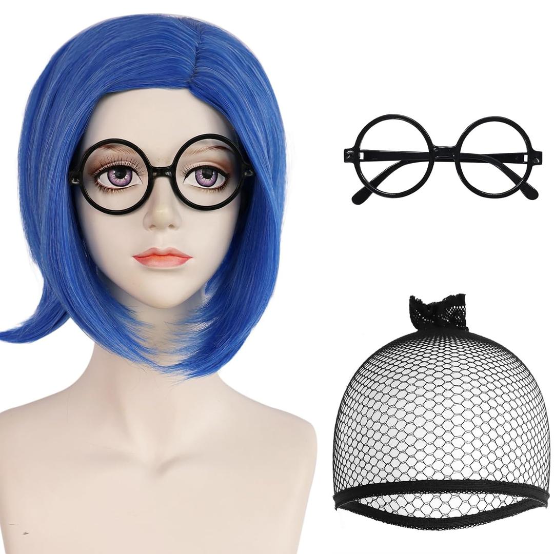 BESTBEL+Glasses+Hair Cap Short Blue Wig for Women Short Bob Wig Blue Anime Synthetic Hair for Halloween Cosplay Womens Cosplay Outfit for Costume Party